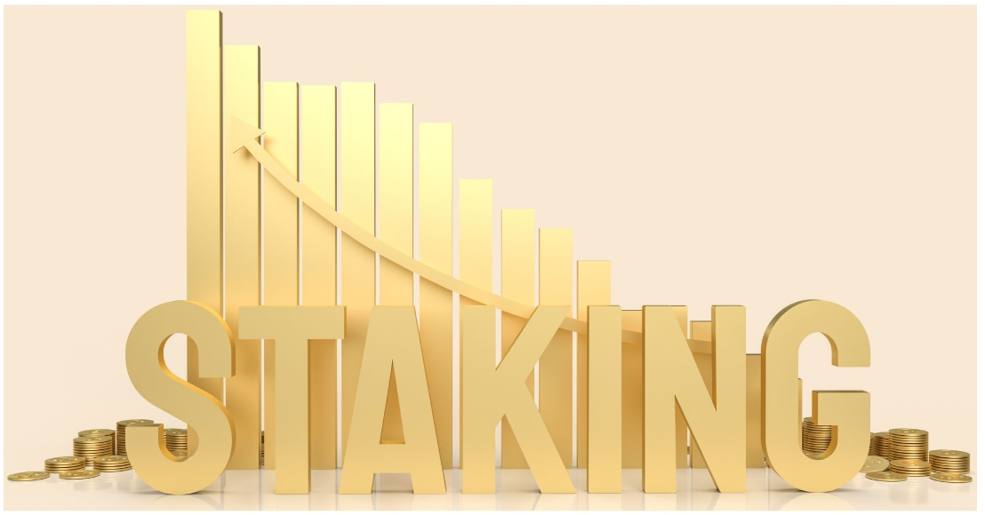 Staking written in gold with a chart in the background