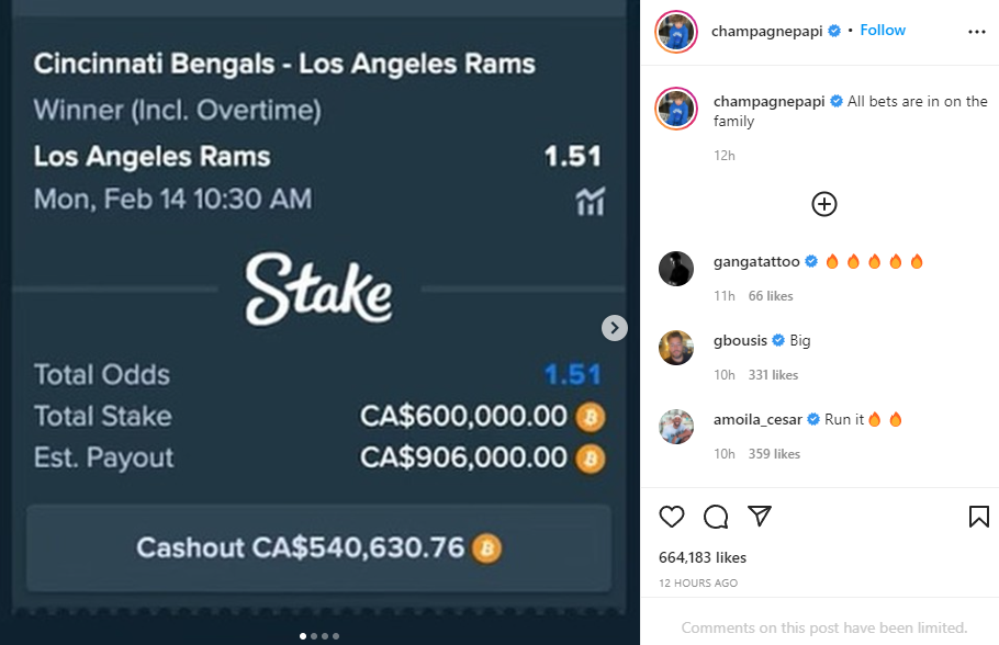 Drake lays down $1.3 million bitcoin bet on Rams